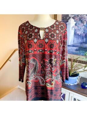Melissa Paige Paisley Blouse M/L Burgundy Boho Keyhole Top